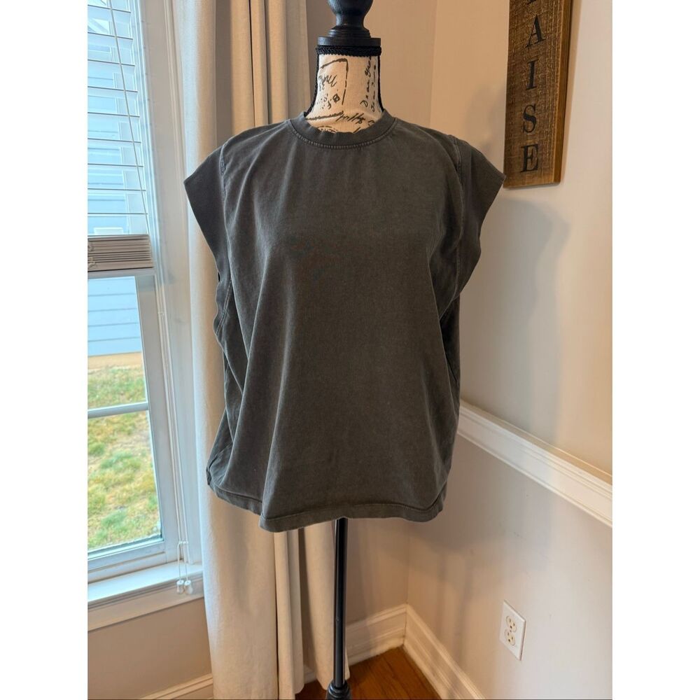 Zara Women's Cap Sleeve Cotton Blend Crew Neck Boxy Basic Tee Gray Large